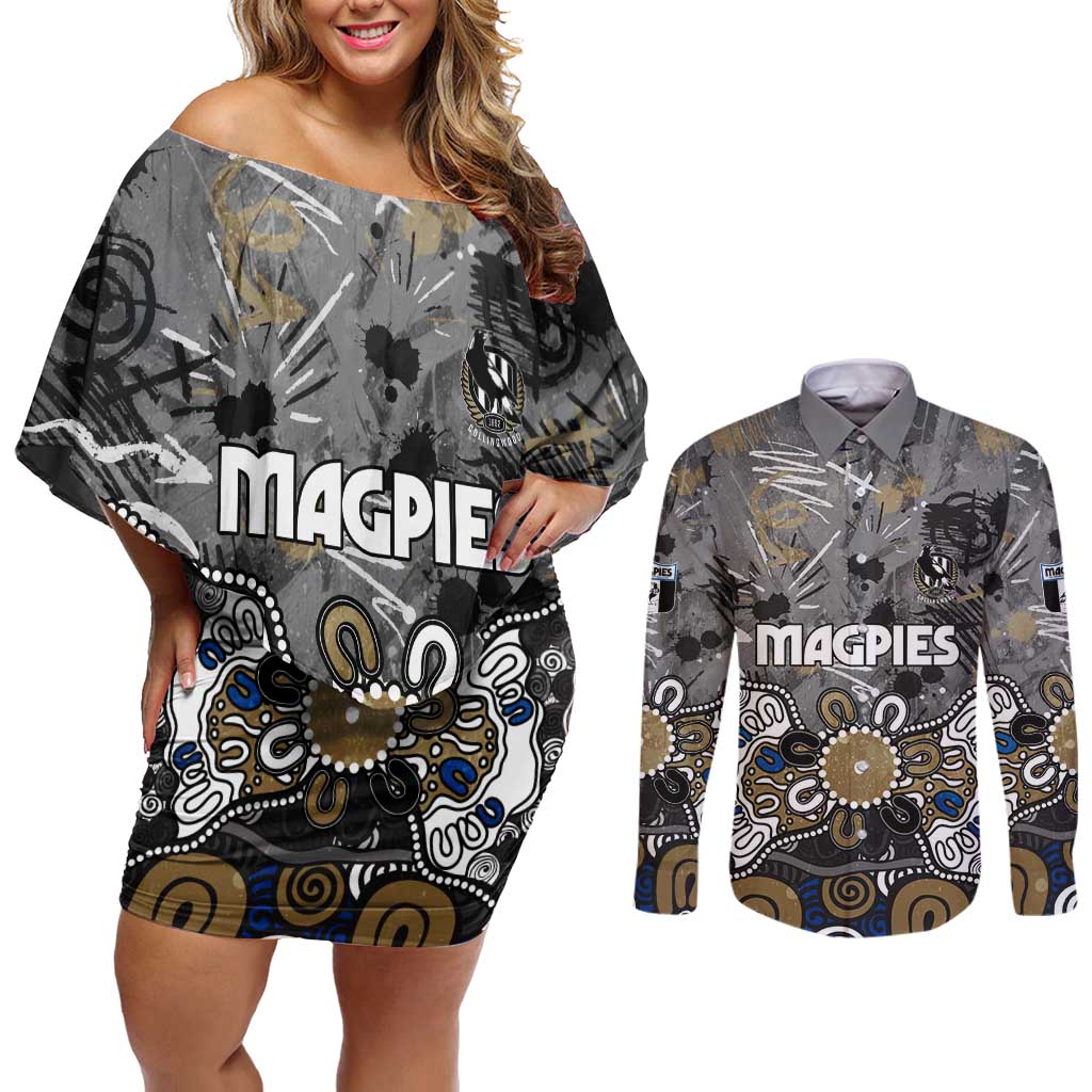 Personalized Collingwood Magpies Couples Matching Off Shoulder Short Dress and Long Sleeve Button Shirt Aboriginal Dot Painting Graffiti Style