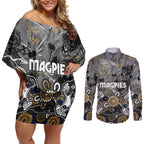 Personalized Collingwood Magpies Couples Matching Off Shoulder Short Dress and Long Sleeve Button Shirt Aboriginal Dot Painting Graffiti Style