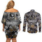Personalized Collingwood Magpies Couples Matching Off Shoulder Short Dress and Long Sleeve Button Shirt Aboriginal Dot Painting Graffiti Style
