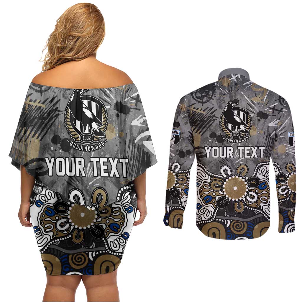 Personalized Collingwood Magpies Couples Matching Off Shoulder Short Dress and Long Sleeve Button Shirt Aboriginal Dot Painting Graffiti Style