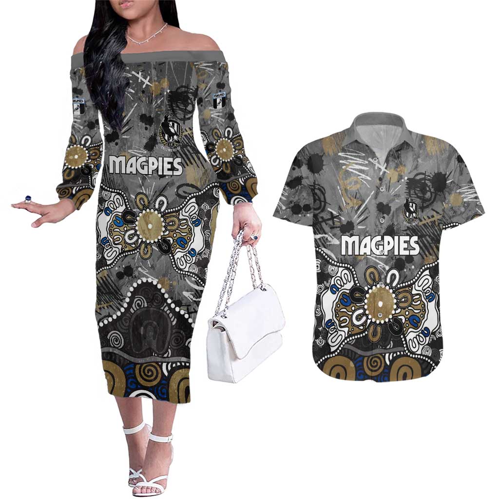Personalized Collingwood Magpies Couples Matching Off The Shoulder Long Sleeve Dress and Hawaiian Shirt Aboriginal Dot Painting Graffiti Style