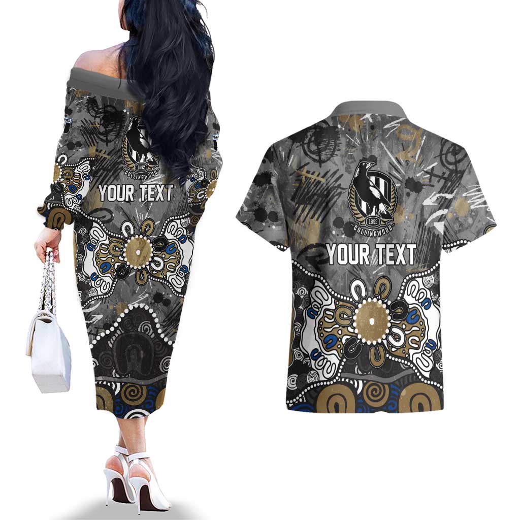 Personalized Collingwood Magpies Couples Matching Off The Shoulder Long Sleeve Dress and Hawaiian Shirt Aboriginal Dot Painting Graffiti Style