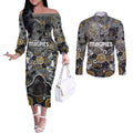 Personalized Collingwood Magpies Couples Matching Off The Shoulder Long Sleeve Dress and Long Sleeve Button Shirt Aboriginal Dot Painting Graffiti Style