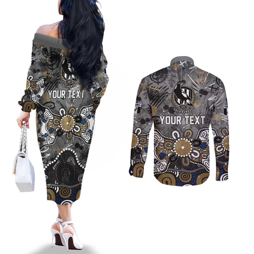 Personalized Collingwood Magpies Couples Matching Off The Shoulder Long Sleeve Dress and Long Sleeve Button Shirt Aboriginal Dot Painting Graffiti Style