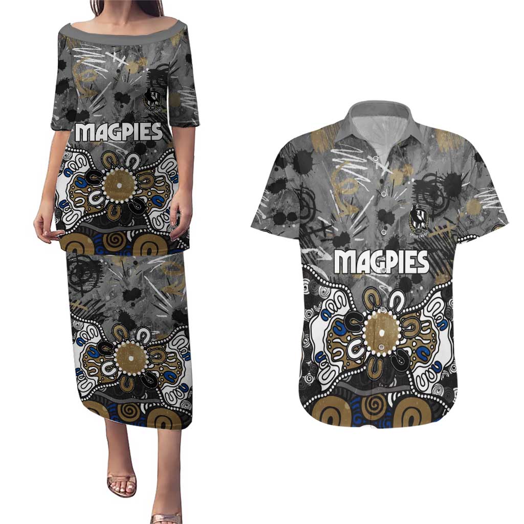 Personalized Collingwood Magpies Couples Matching Puletasi and Hawaiian Shirt Aboriginal Dot Painting Graffiti Style