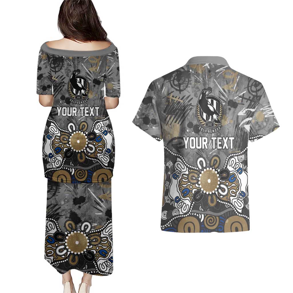 Personalized Collingwood Magpies Couples Matching Puletasi and Hawaiian Shirt Aboriginal Dot Painting Graffiti Style