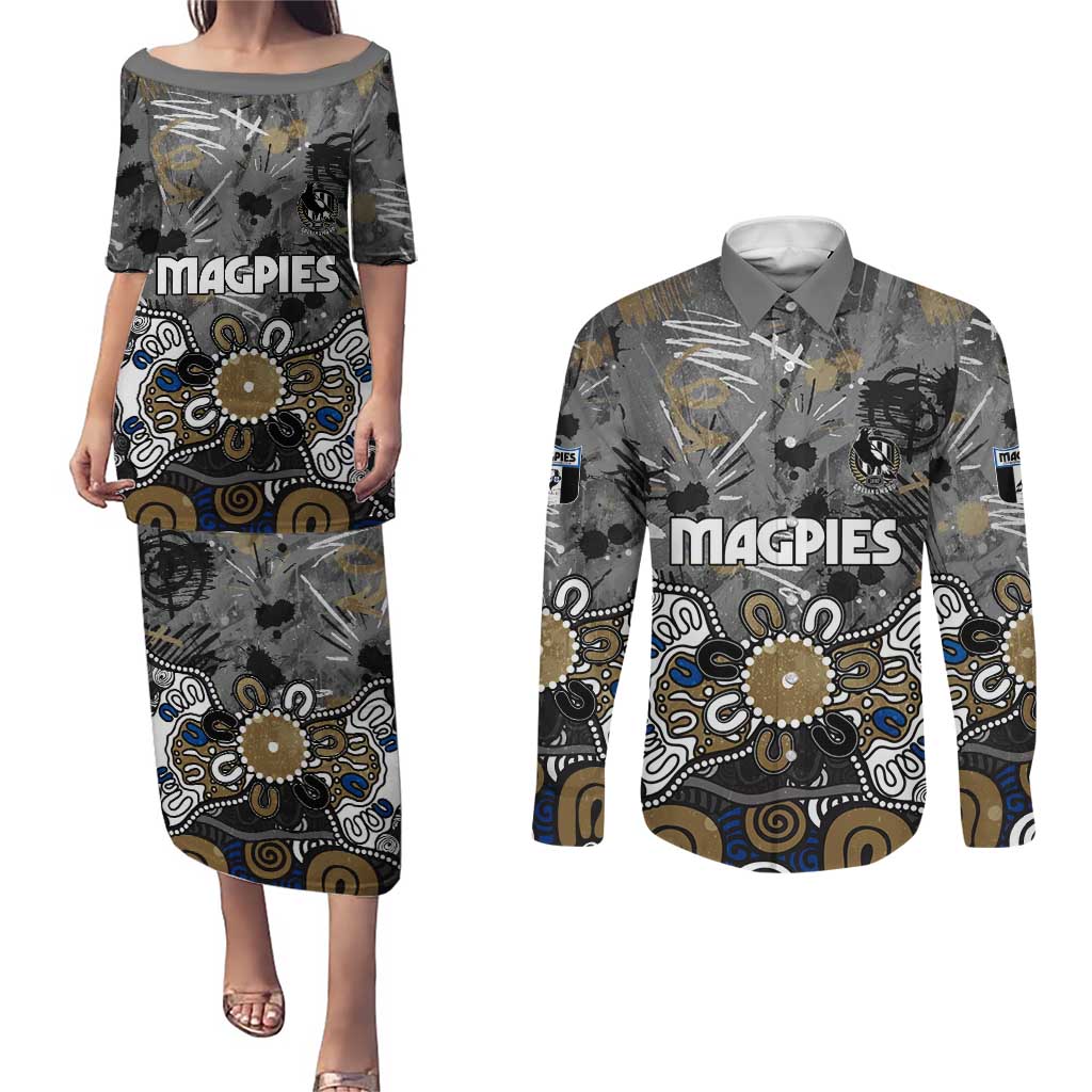 Personalized Collingwood Magpies Couples Matching Puletasi and Long Sleeve Button Shirt Aboriginal Dot Painting Graffiti Style