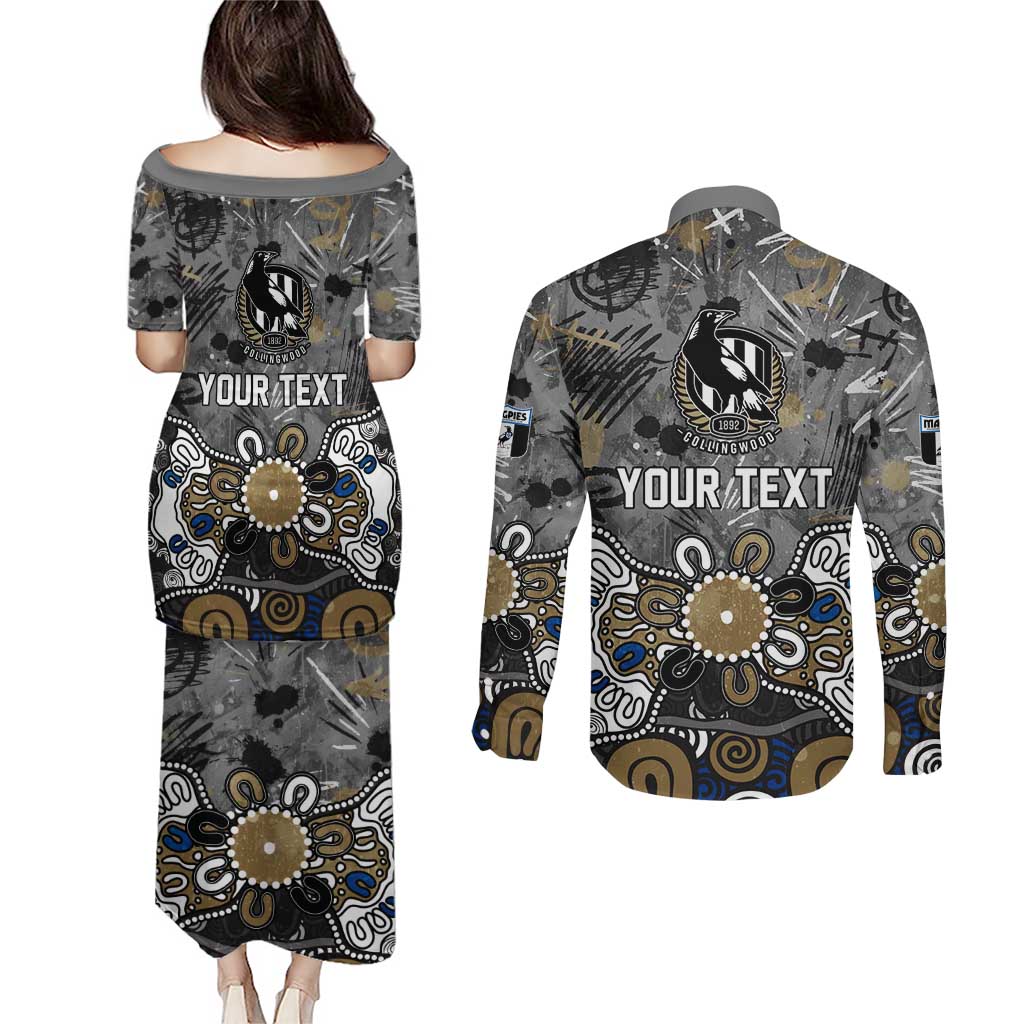 Personalized Collingwood Magpies Couples Matching Puletasi and Long Sleeve Button Shirt Aboriginal Dot Painting Graffiti Style