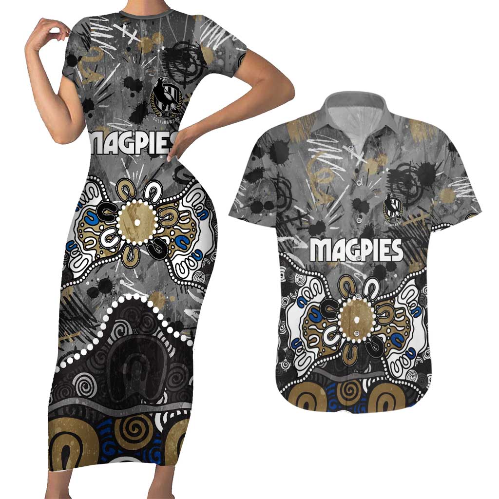 Personalized Collingwood Magpies Couples Matching Short Sleeve Bodycon Dress and Hawaiian Shirt Aboriginal Dot Painting Graffiti Style