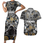 Personalized Collingwood Magpies Couples Matching Short Sleeve Bodycon Dress and Hawaiian Shirt Aboriginal Dot Painting Graffiti Style