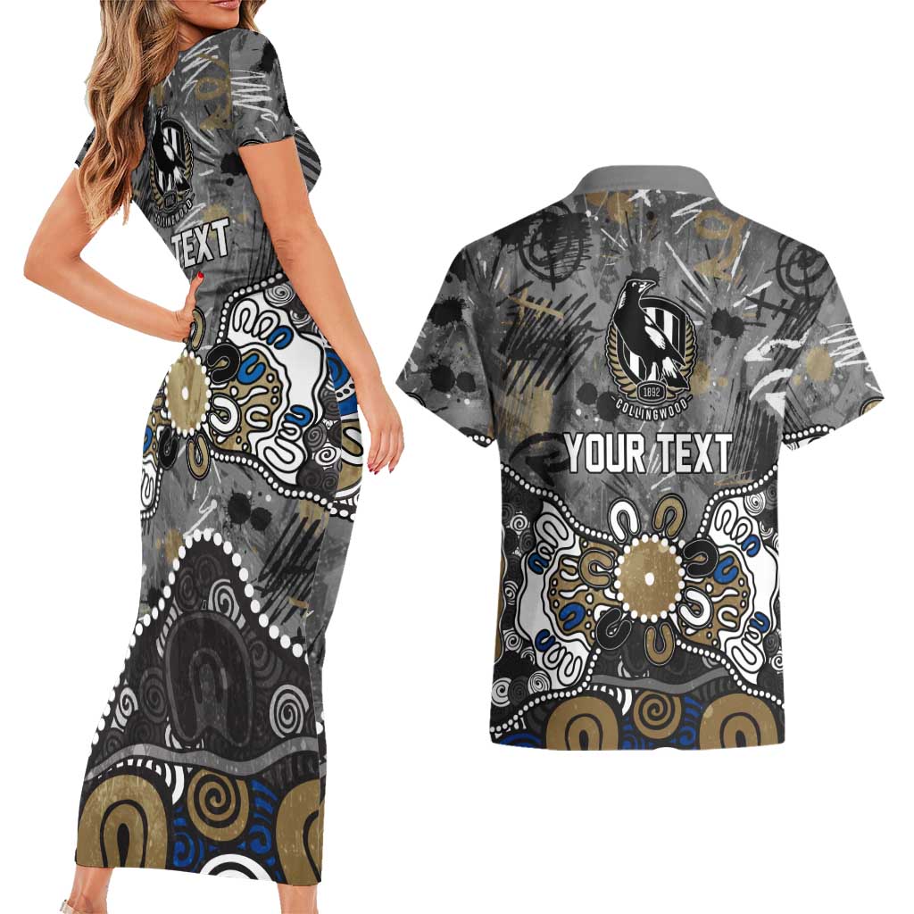 Personalized Collingwood Magpies Couples Matching Short Sleeve Bodycon Dress and Hawaiian Shirt Aboriginal Dot Painting Graffiti Style