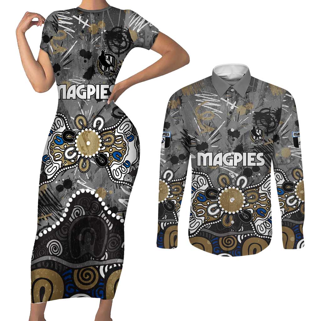 Personalized Collingwood Magpies Couples Matching Short Sleeve Bodycon Dress and Long Sleeve Button Shirt Aboriginal Dot Painting Graffiti Style