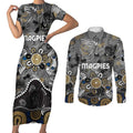 Personalized Collingwood Magpies Couples Matching Short Sleeve Bodycon Dress and Long Sleeve Button Shirt Aboriginal Dot Painting Graffiti Style