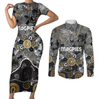 Personalized Collingwood Magpies Couples Matching Short Sleeve Bodycon Dress and Long Sleeve Button Shirt Aboriginal Dot Painting Graffiti Style