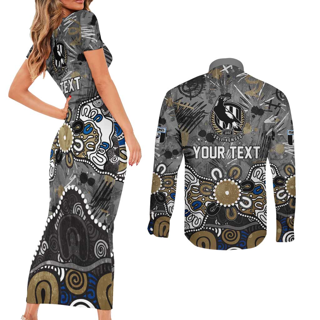 Personalized Collingwood Magpies Couples Matching Short Sleeve Bodycon Dress and Long Sleeve Button Shirt Aboriginal Dot Painting Graffiti Style