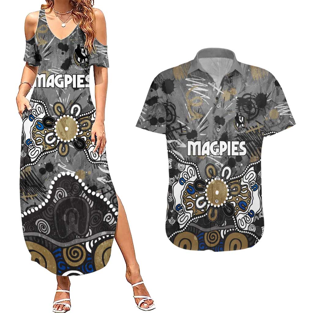 Personalized Collingwood Magpies Couples Matching Summer Maxi Dress and Hawaiian Shirt Aboriginal Dot Painting Graffiti Style