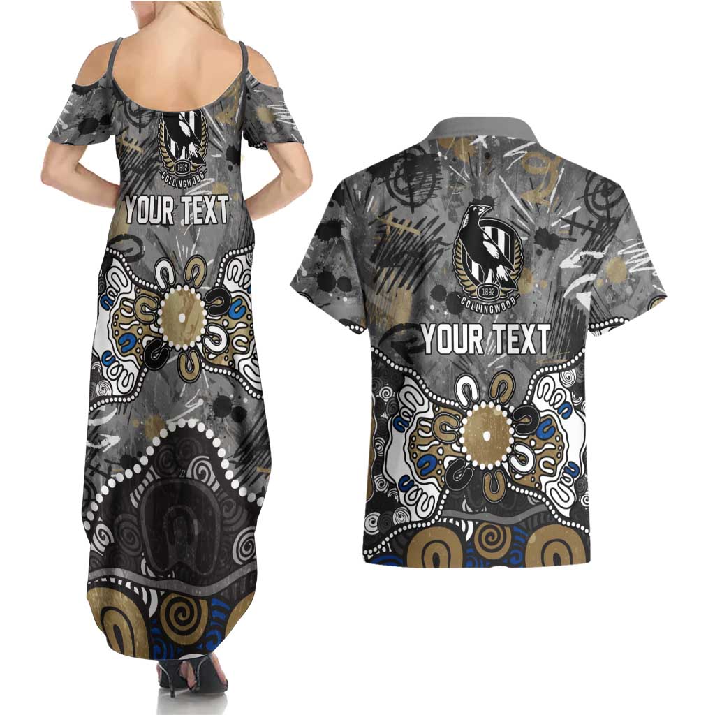 Personalized Collingwood Magpies Couples Matching Summer Maxi Dress and Hawaiian Shirt Aboriginal Dot Painting Graffiti Style