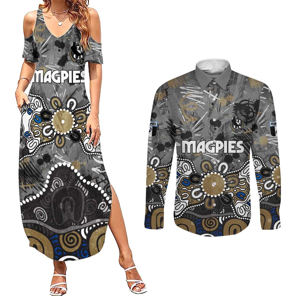 Personalized Collingwood Magpies Couples Matching Summer Maxi Dress and Long Sleeve Button Shirt Aboriginal Dot Painting Graffiti Style