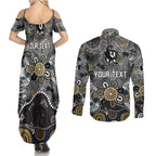 Personalized Collingwood Magpies Couples Matching Summer Maxi Dress and Long Sleeve Button Shirt Aboriginal Dot Painting Graffiti Style