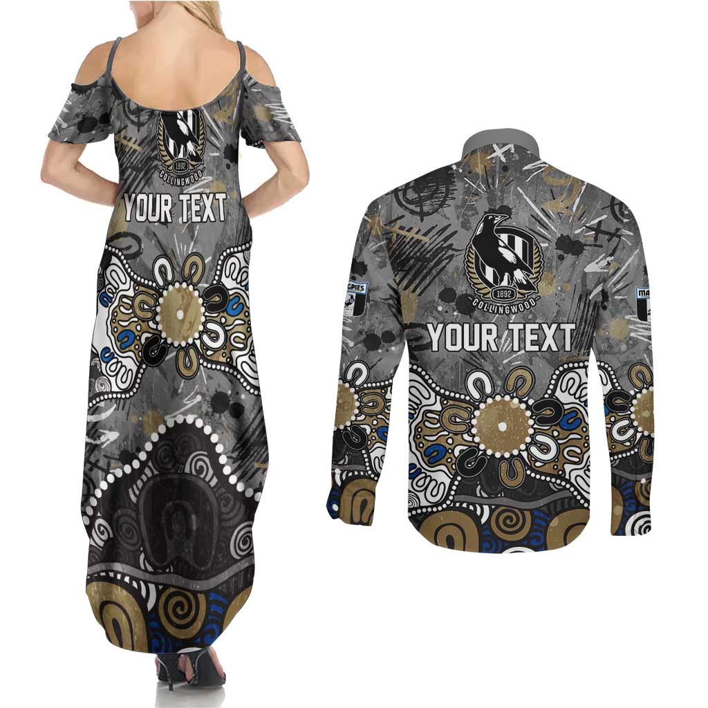 Personalized Collingwood Magpies Couples Matching Summer Maxi Dress and Long Sleeve Button Shirt Aboriginal Dot Painting Graffiti Style