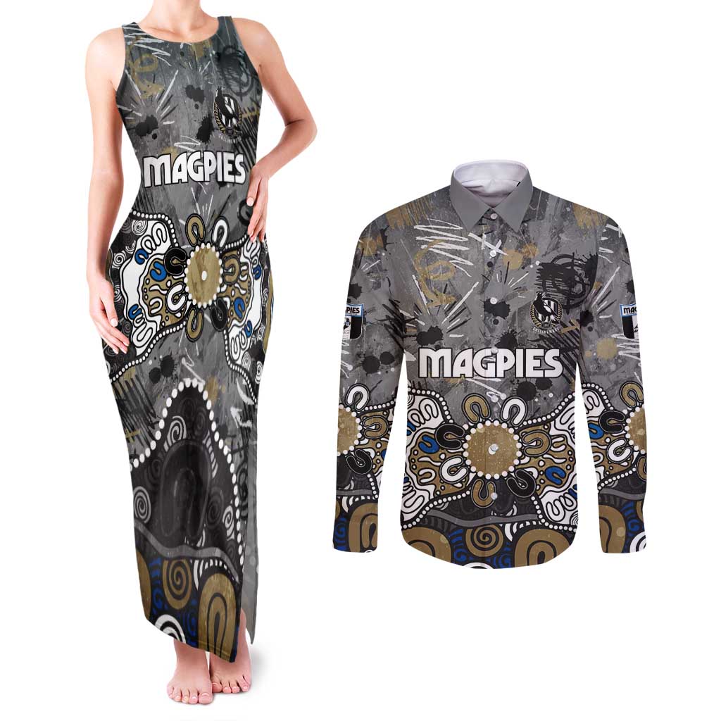 Personalized Collingwood Magpies Couples Matching Tank Maxi Dress and Long Sleeve Button Shirt Aboriginal Dot Painting Graffiti Style
