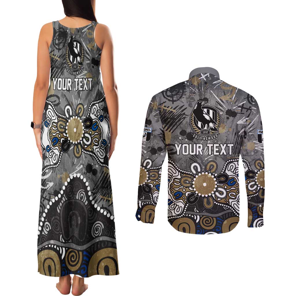 Personalized Collingwood Magpies Couples Matching Tank Maxi Dress and Long Sleeve Button Shirt Aboriginal Dot Painting Graffiti Style