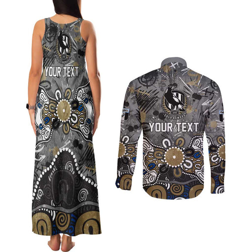 Personalized Collingwood Magpies Couples Matching Tank Maxi Dress and Long Sleeve Button Shirt Aboriginal Dot Painting Graffiti Style