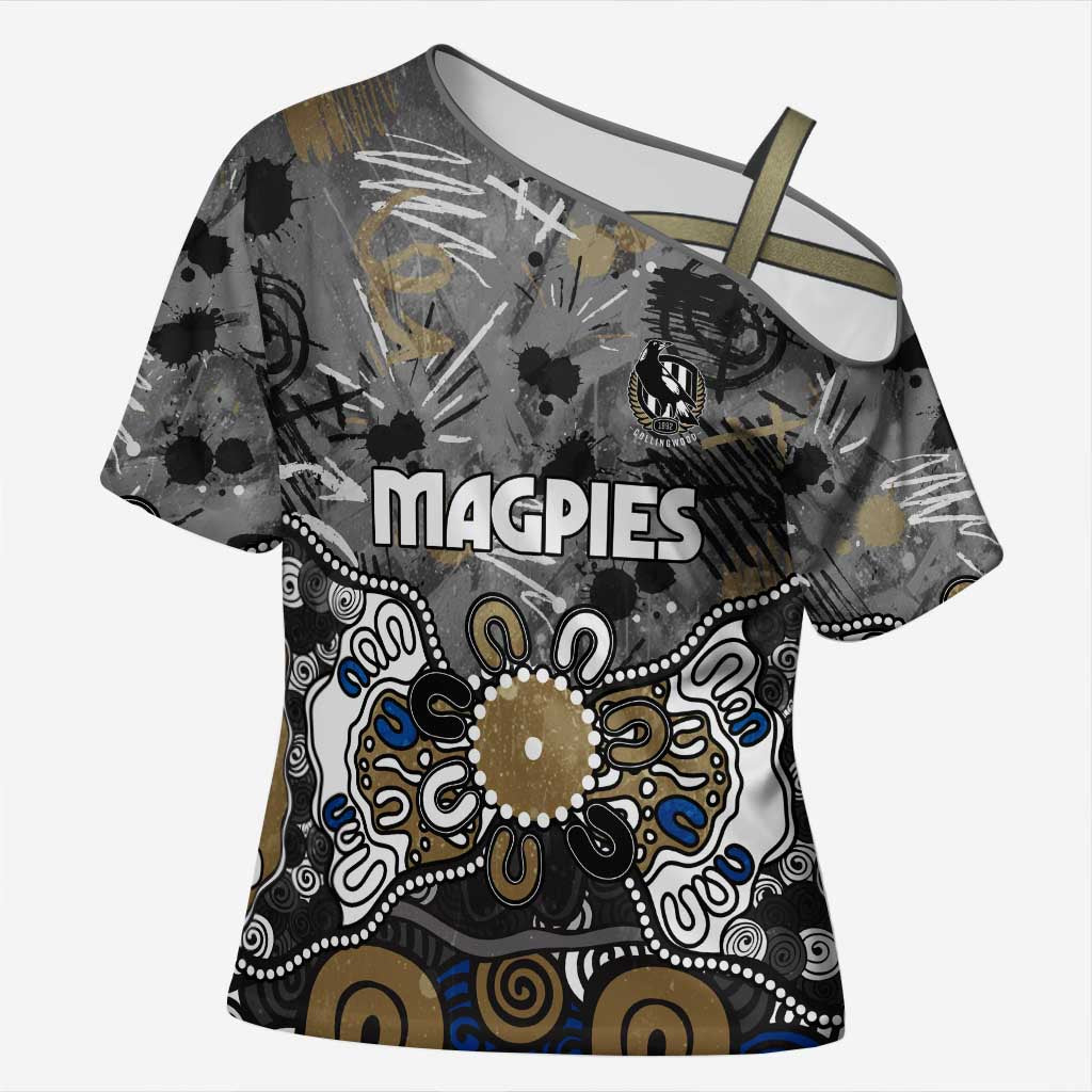 Personalized Collingwood Magpies Cross Shoulder Shirt Aboriginal Dot Painting Graffiti Style