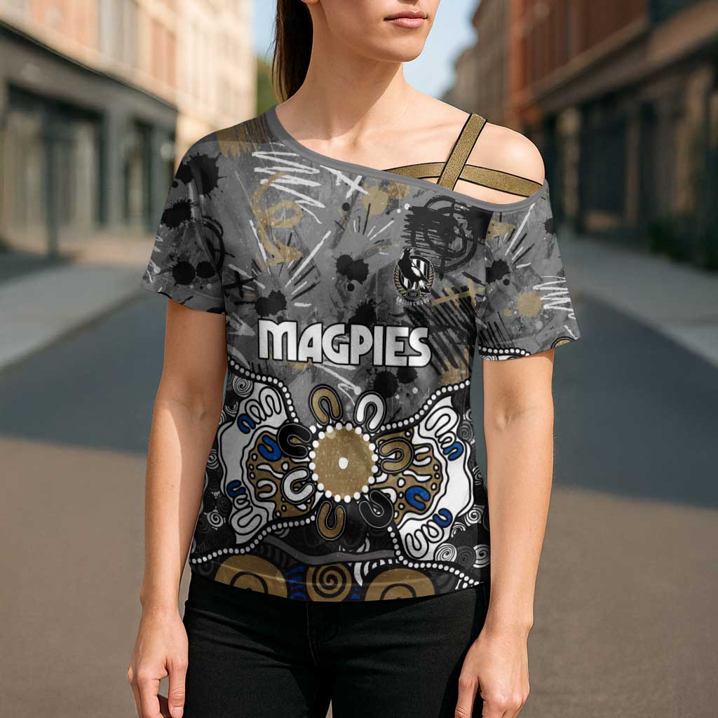 Personalized Collingwood Magpies Cross Shoulder Shirt Aboriginal Dot Painting Graffiti Style