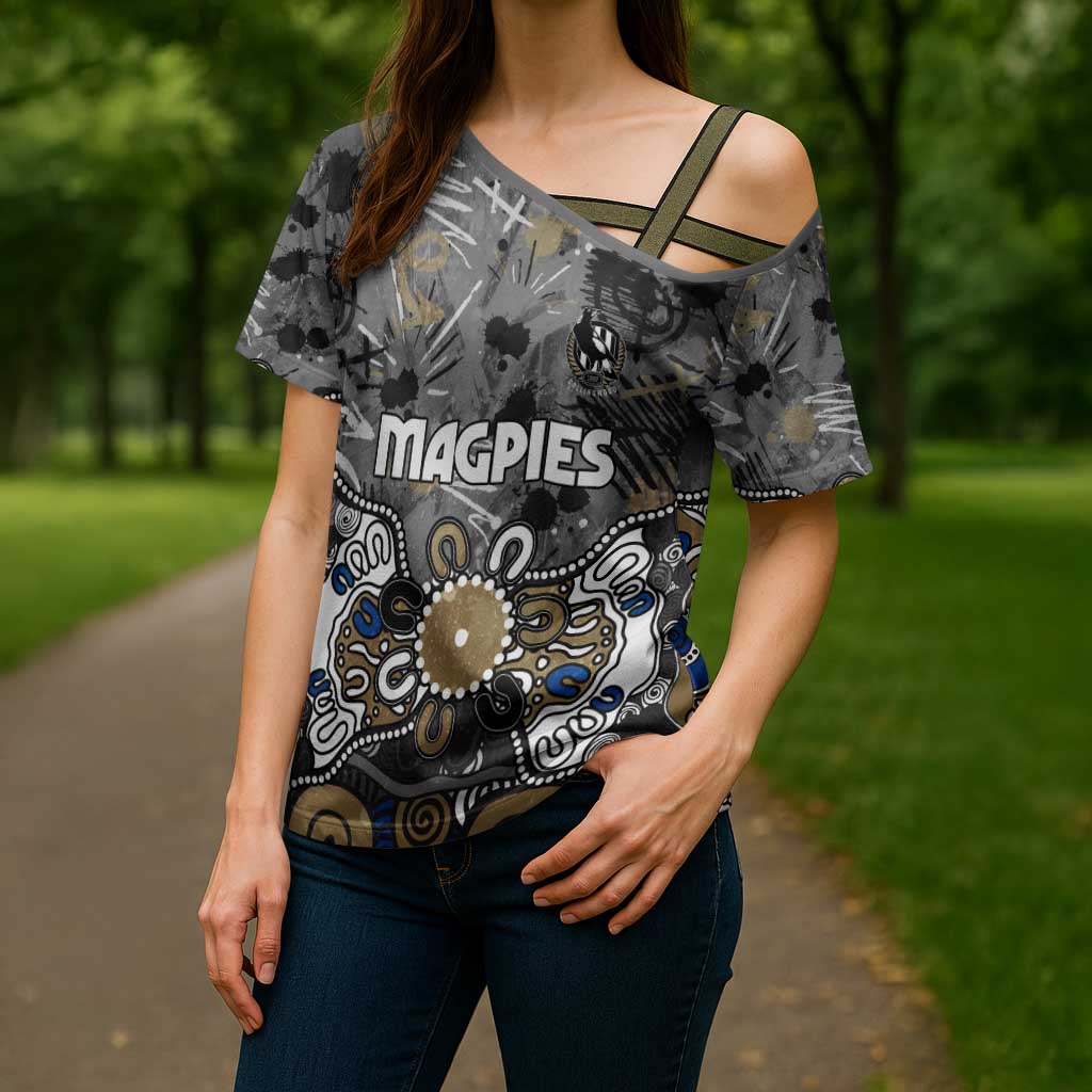 Personalized Collingwood Magpies Cross Shoulder Shirt Aboriginal Dot Painting Graffiti Style