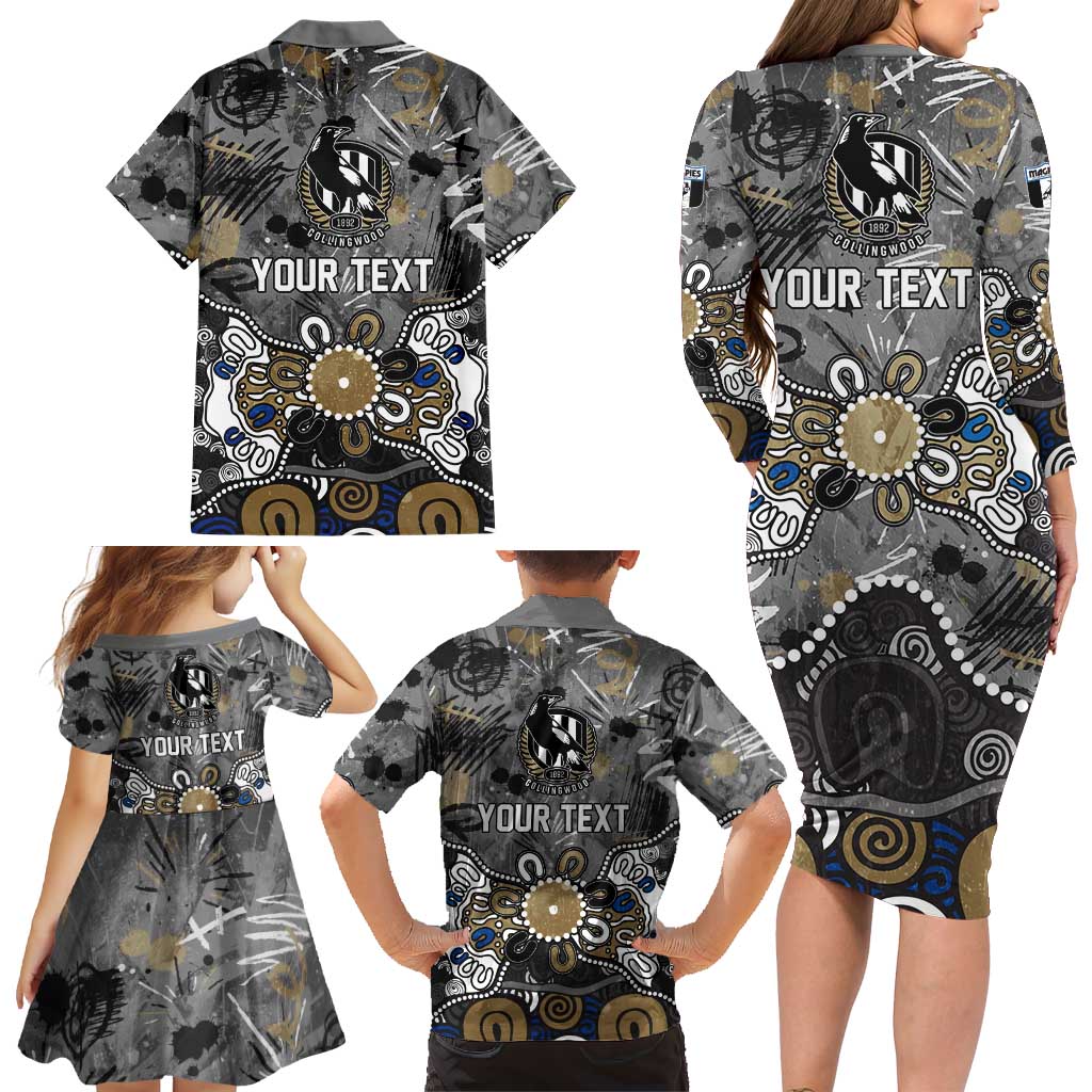 Personalized Collingwood Magpies Family Matching Long Sleeve Bodycon Dress and Hawaiian Shirt Aboriginal Dot Painting Graffiti Style