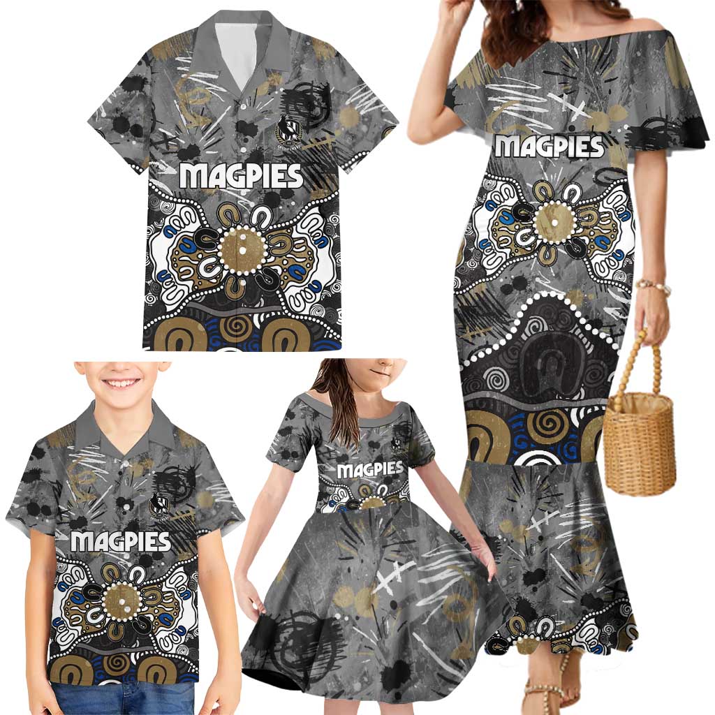 Personalized Collingwood Magpies Family Matching Mermaid Dress and Hawaiian Shirt Aboriginal Dot Painting Graffiti Style