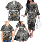 Personalized Collingwood Magpies Family Matching Off The Shoulder Long Sleeve Dress and Hawaiian Shirt Aboriginal Dot Painting Graffiti Style