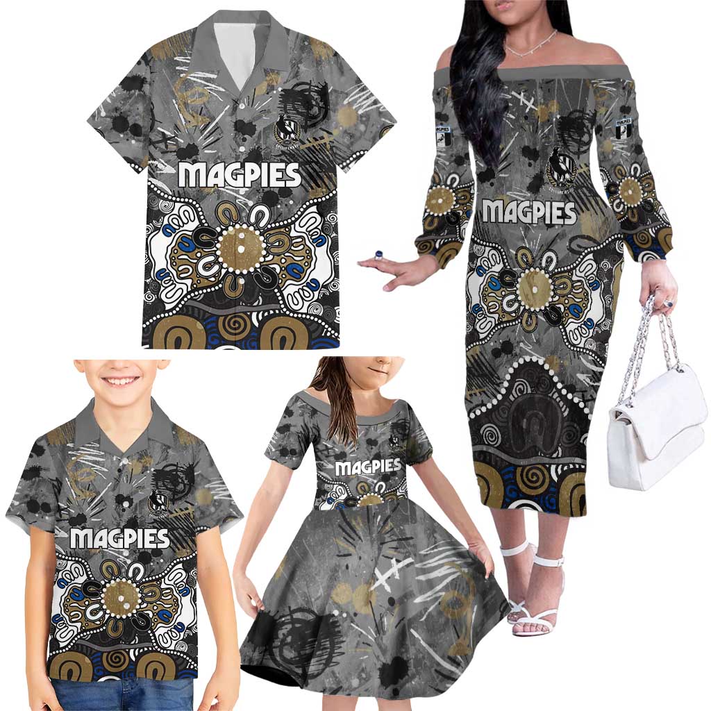 Personalized Collingwood Magpies Family Matching Off The Shoulder Long Sleeve Dress and Hawaiian Shirt Aboriginal Dot Painting Graffiti Style