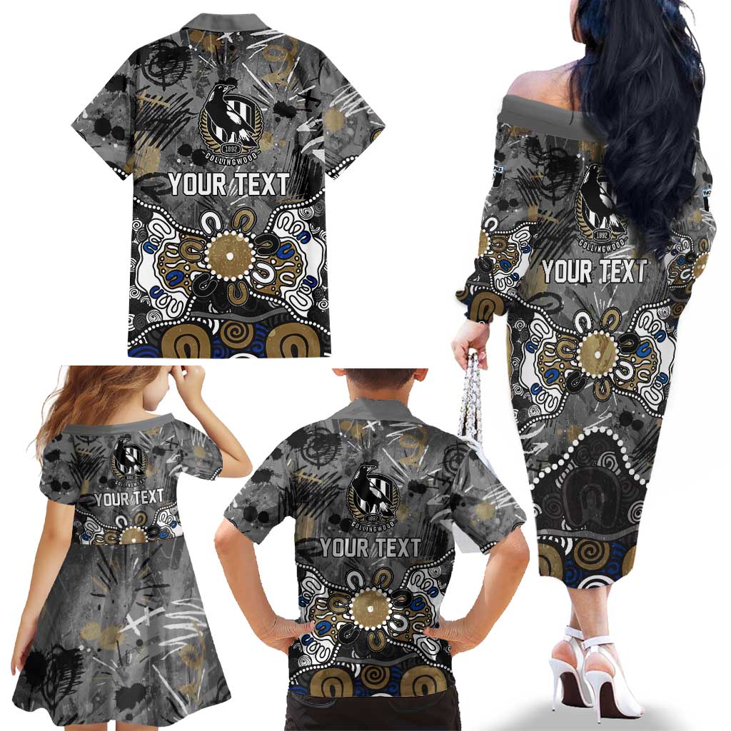 Personalized Collingwood Magpies Family Matching Off The Shoulder Long Sleeve Dress and Hawaiian Shirt Aboriginal Dot Painting Graffiti Style