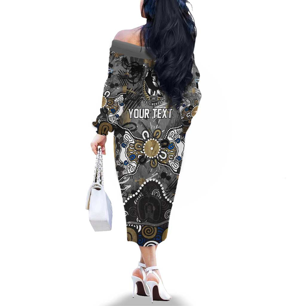 Personalized Collingwood Magpies Family Matching Off The Shoulder Long Sleeve Dress and Hawaiian Shirt Aboriginal Dot Painting Graffiti Style