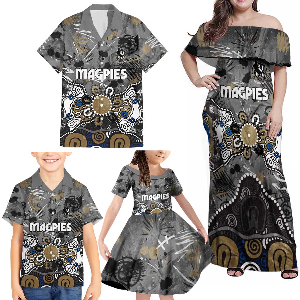 Personalized Collingwood Magpies Family Matching Off Shoulder Maxi Dress and Hawaiian Shirt Aboriginal Dot Painting Graffiti Style