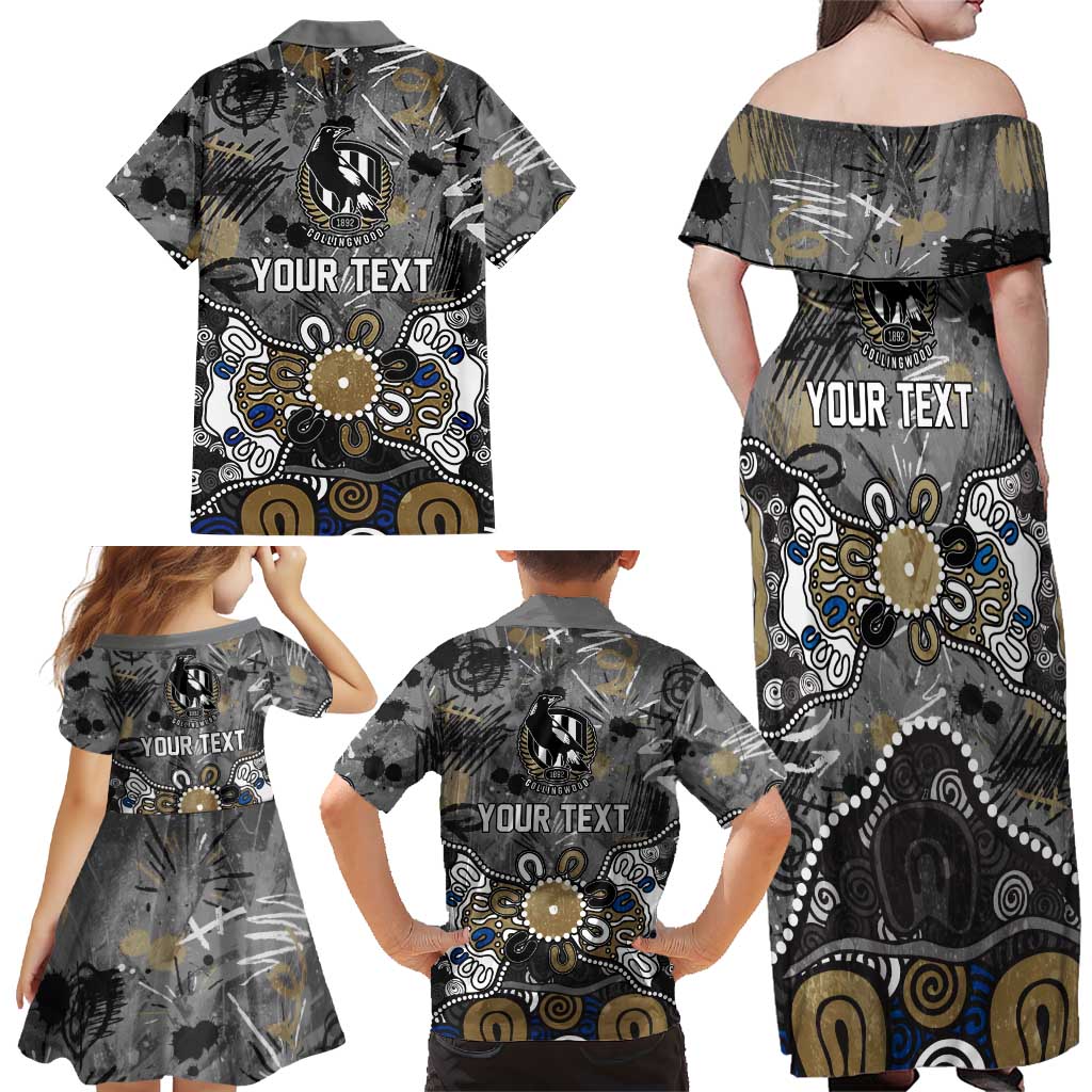 Personalized Collingwood Magpies Family Matching Off Shoulder Maxi Dress and Hawaiian Shirt Aboriginal Dot Painting Graffiti Style