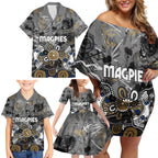 Personalized Collingwood Magpies Family Matching Off Shoulder Short Dress and Hawaiian Shirt Aboriginal Dot Painting Graffiti Style