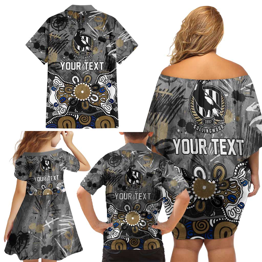 Personalized Collingwood Magpies Family Matching Off Shoulder Short Dress and Hawaiian Shirt Aboriginal Dot Painting Graffiti Style