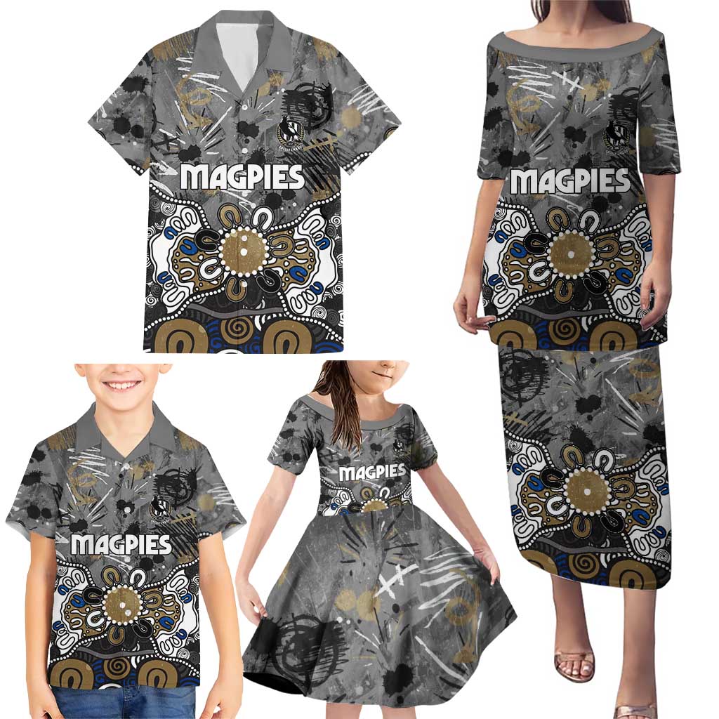 Personalized Collingwood Magpies Family Matching Puletasi and Hawaiian Shirt Aboriginal Dot Painting Graffiti Style
