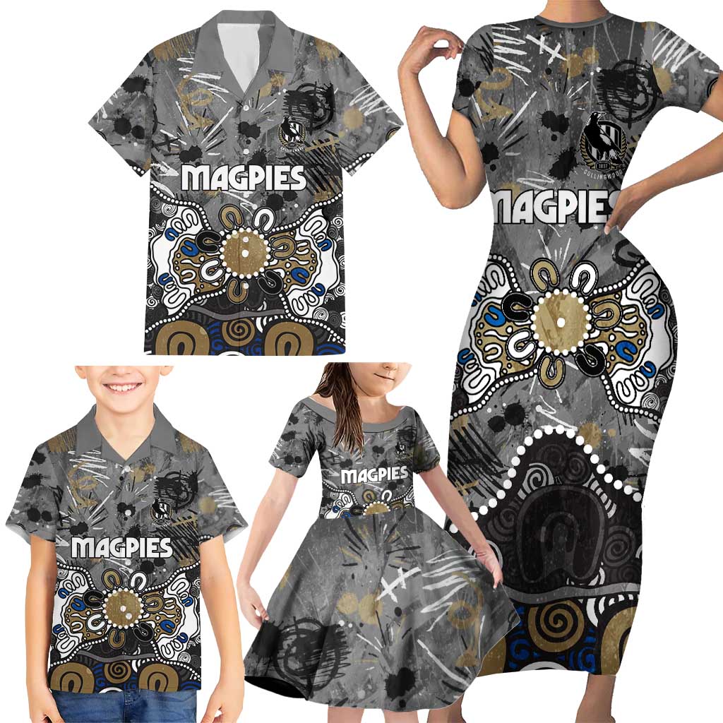 Personalized Collingwood Magpies Family Matching Short Sleeve Bodycon Dress and Hawaiian Shirt Aboriginal Dot Painting Graffiti Style