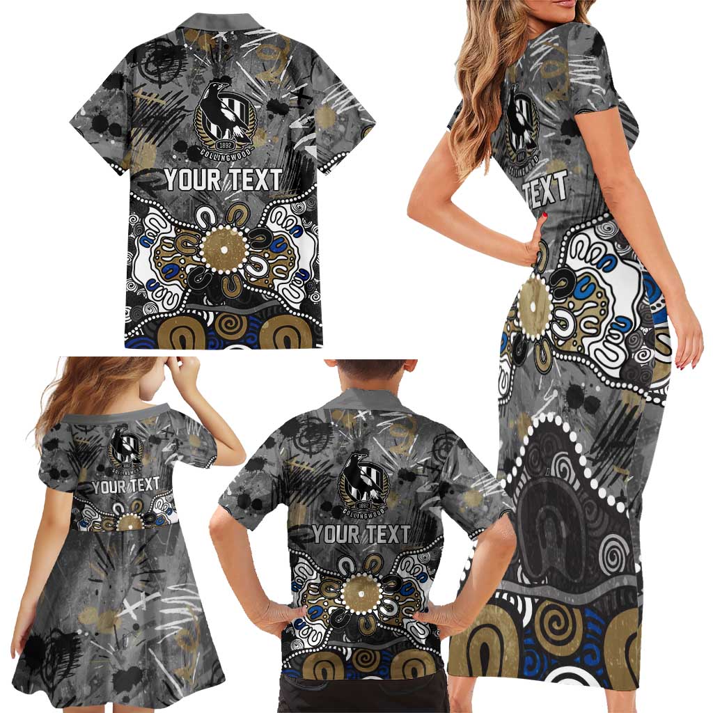 Personalized Collingwood Magpies Family Matching Short Sleeve Bodycon Dress and Hawaiian Shirt Aboriginal Dot Painting Graffiti Style