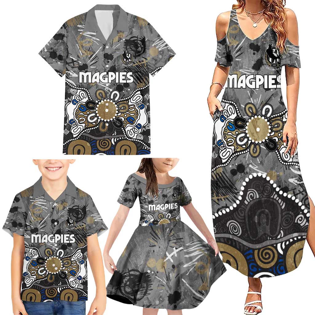 Personalized Collingwood Magpies Family Matching Summer Maxi Dress and Hawaiian Shirt Aboriginal Dot Painting Graffiti Style
