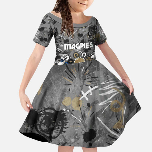 Personalized Collingwood Magpies Kid Short Sleeve Dress Aboriginal Dot Painting Graffiti Style