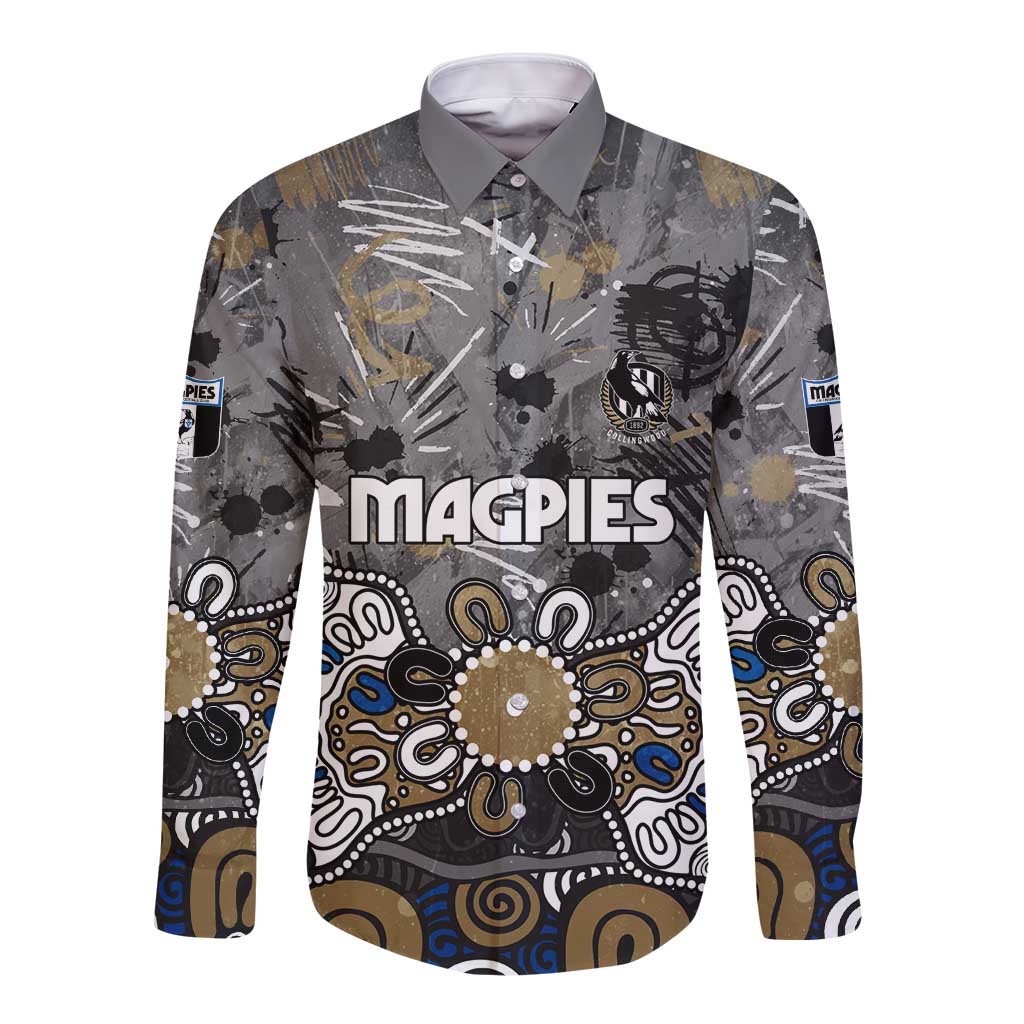 Personalized Collingwood Magpies Long Sleeve Button Shirt Aboriginal Dot Painting Graffiti Style