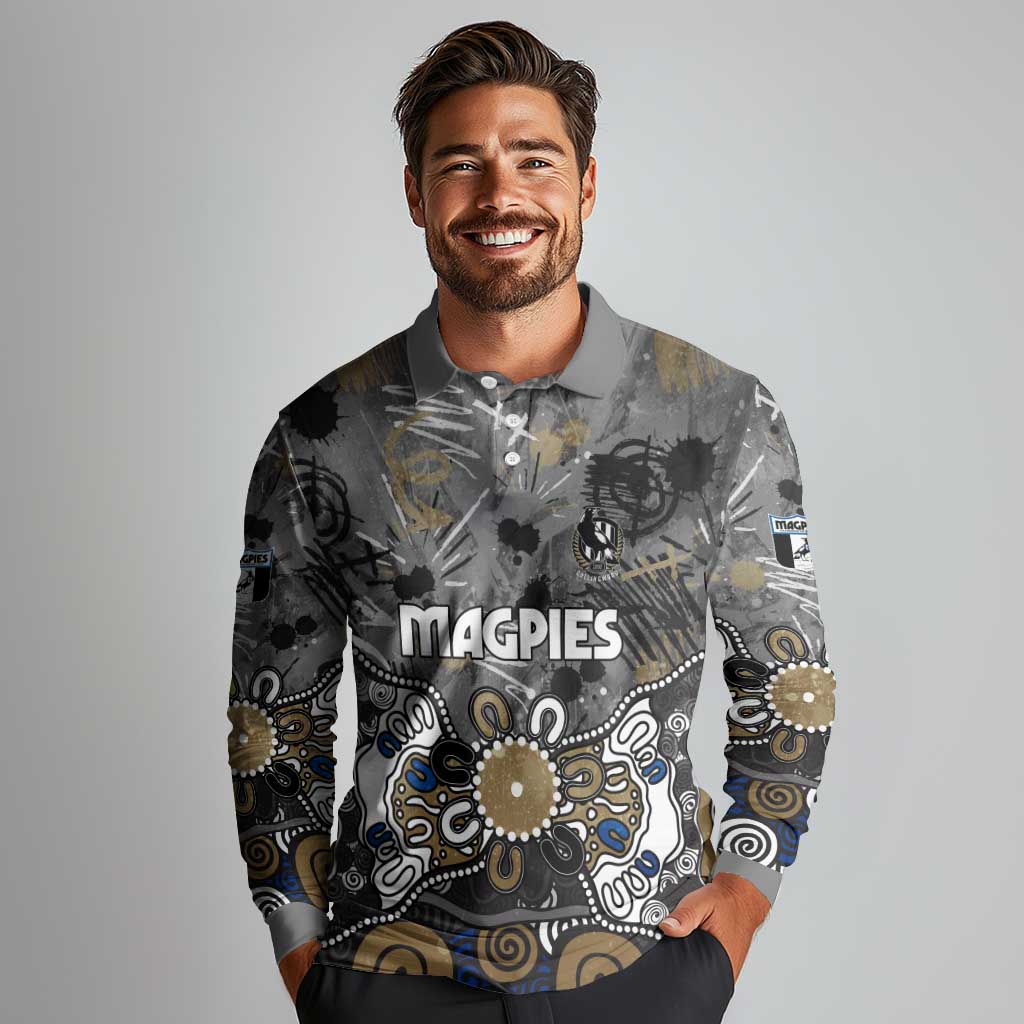Personalized Collingwood Magpies Long Sleeve Polo Shirt Aboriginal Dot Painting Graffiti Style