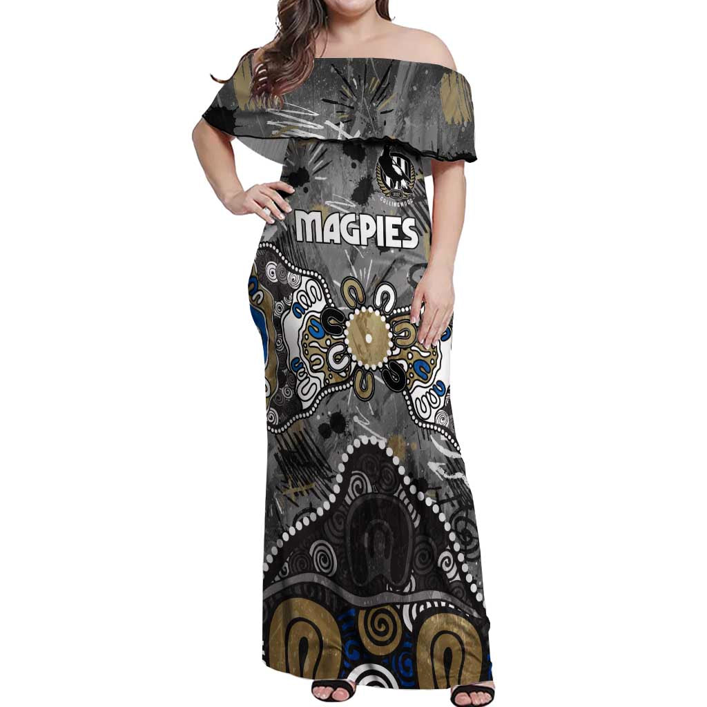 Personalized Collingwood Magpies Off Shoulder Maxi Dress Aboriginal Dot Painting Graffiti Style