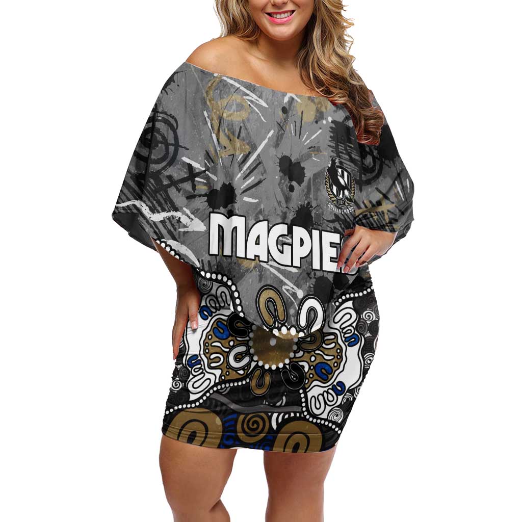 Personalized Collingwood Magpies Off Shoulder Short Dress Aboriginal Dot Painting Graffiti Style