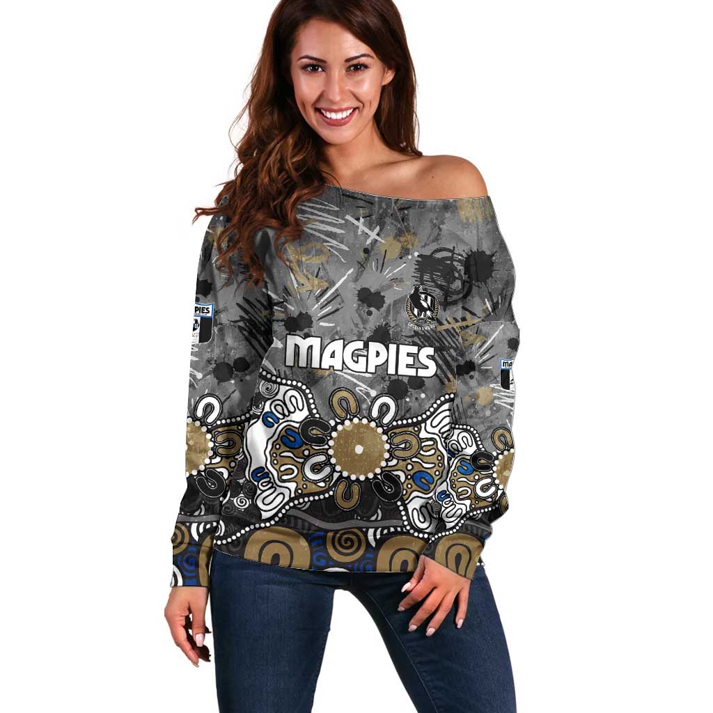 Personalized Collingwood Magpies Off Shoulder Sweater Aboriginal Dot Painting Graffiti Style